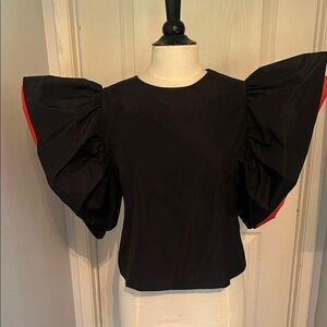Zara Black Blouse with Red Puff Sleeves